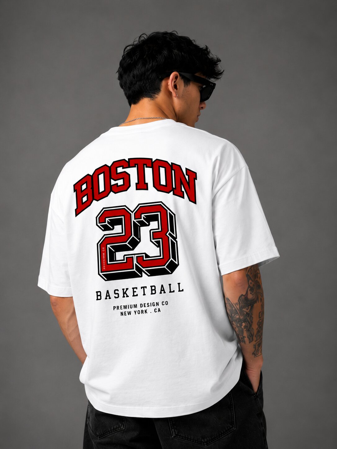 TeeVybe TeeVybe Men’s White Oversized Graphic Printed Round Neck T-Shirt – Boston 23 Basketball Back Print