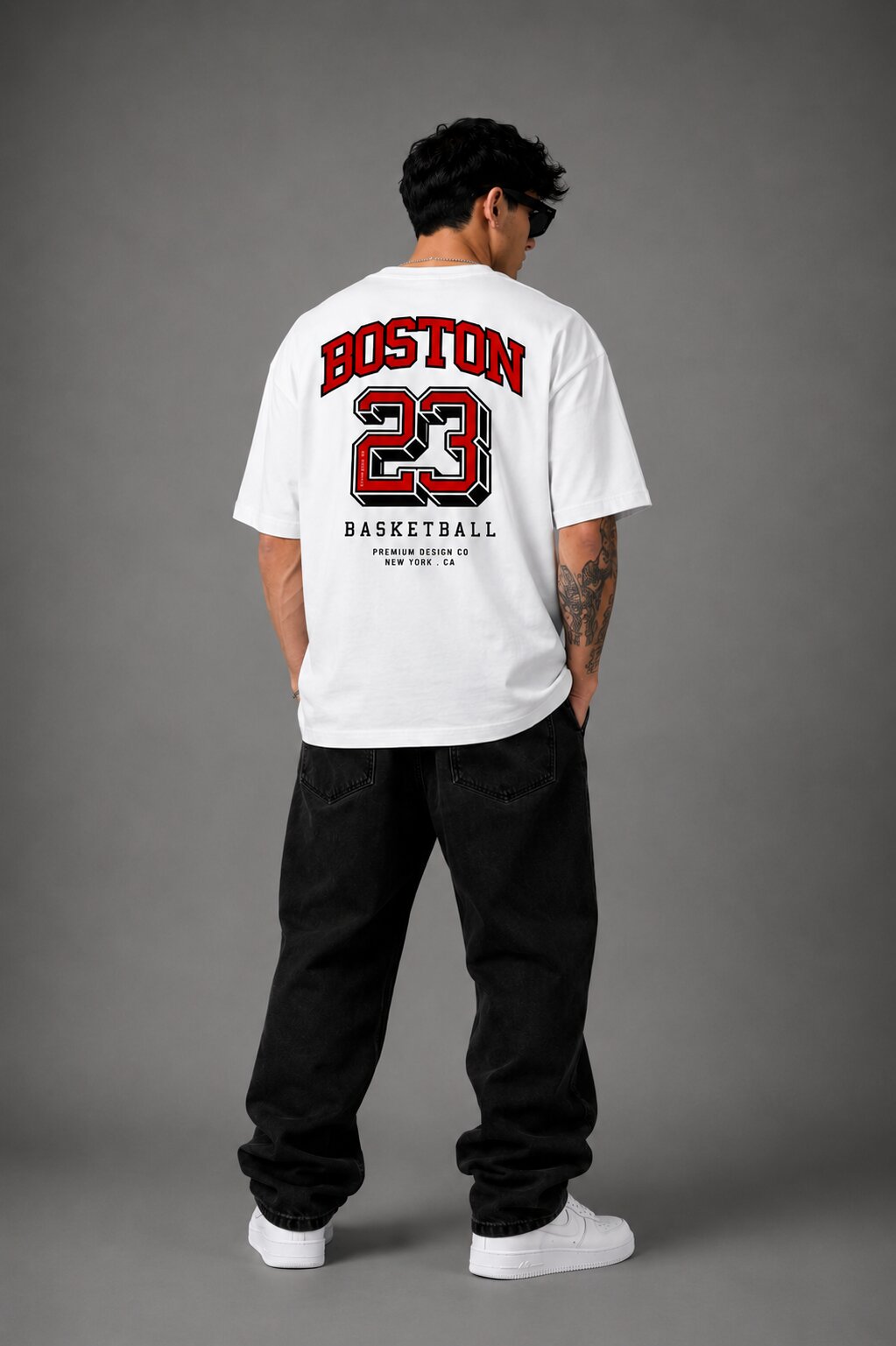TeeVybe TeeVybe Men’s White Oversized Graphic Printed Round Neck T-Shirt – Boston 23 Basketball Back Print
