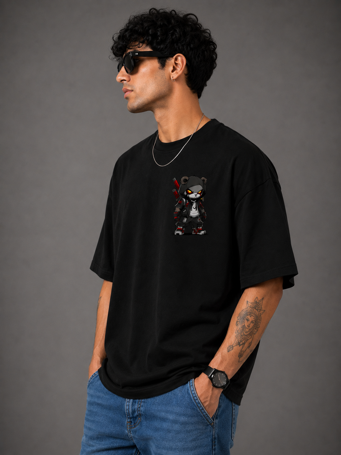 TeeVybe Men’s Black Oversized Graphic Printed Round Neck T-Shirt – Rising Warrior Design