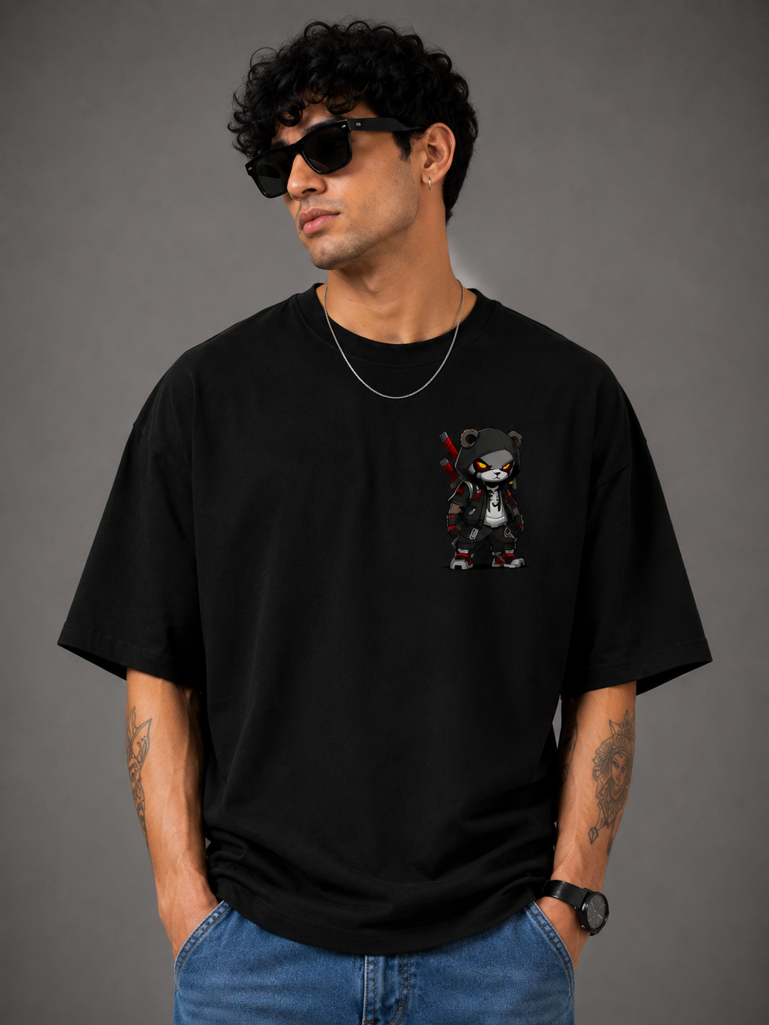 TeeVybe Men’s Black Oversized Graphic Printed Round Neck T-Shirt – Rising Warrior Design