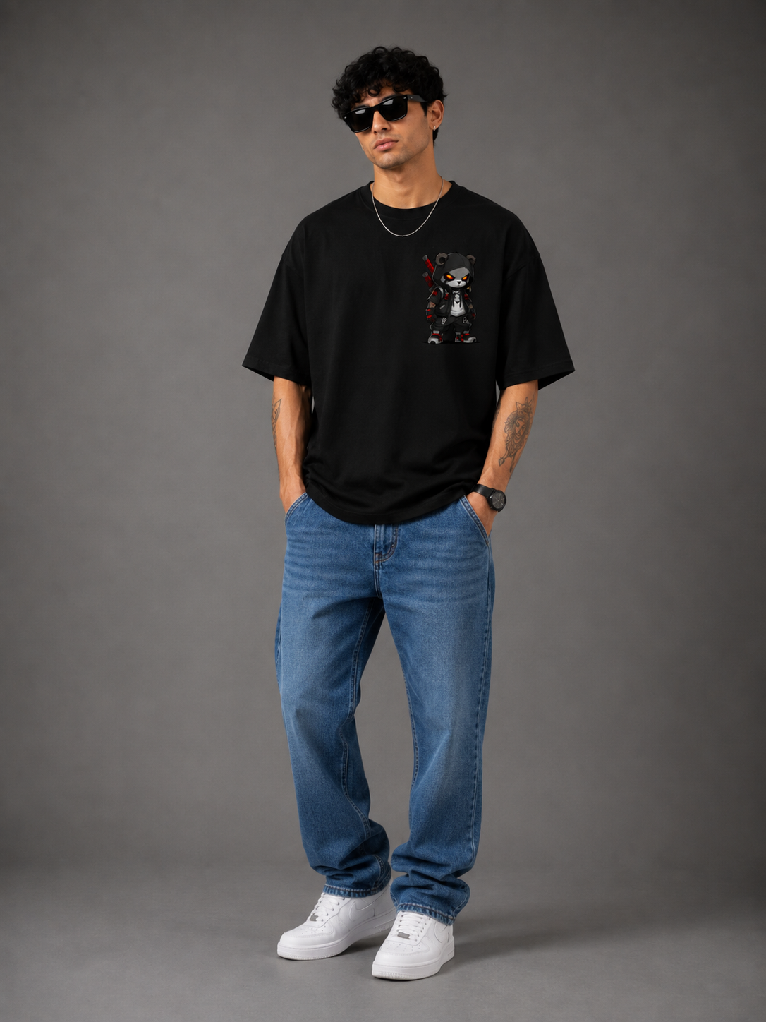 TeeVybe Men’s Black Oversized Graphic Printed Round Neck T-Shirt – Rising Warrior Design