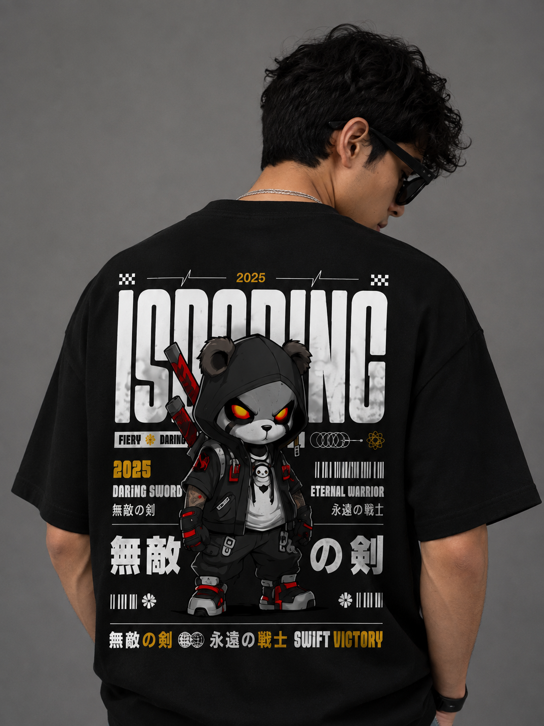 TeeVybe Men’s Black Oversized Graphic Printed Round Neck T-Shirt – Rising Warrior Design