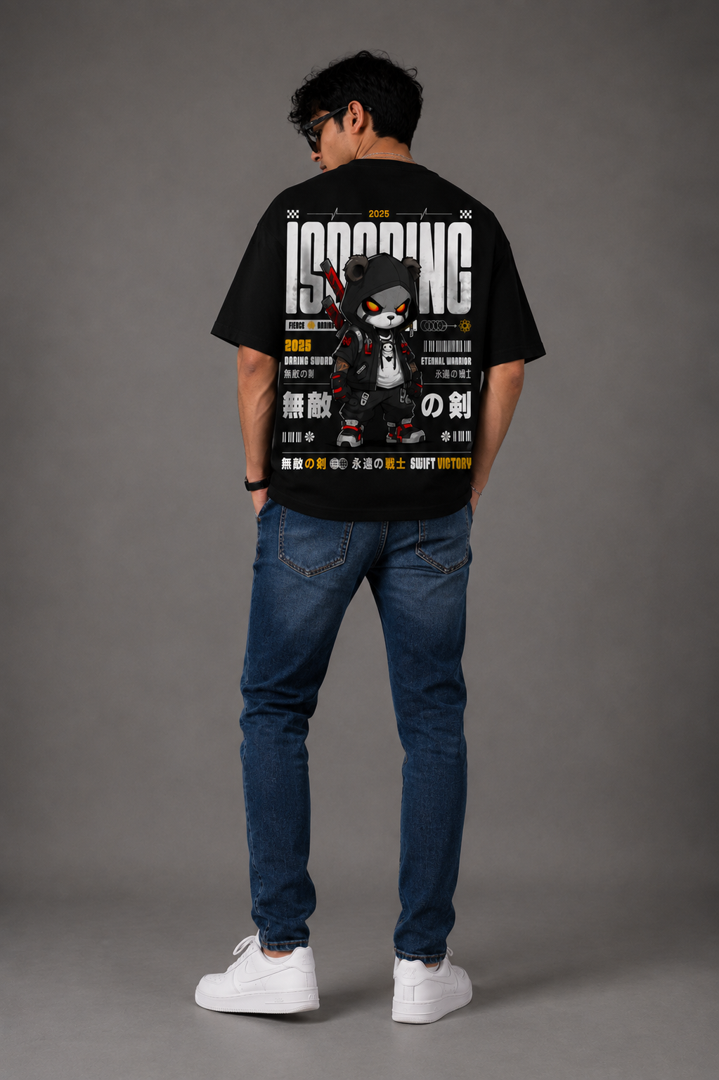 TeeVybe Men’s Black Oversized Graphic Printed Round Neck T-Shirt – Rising Warrior Design