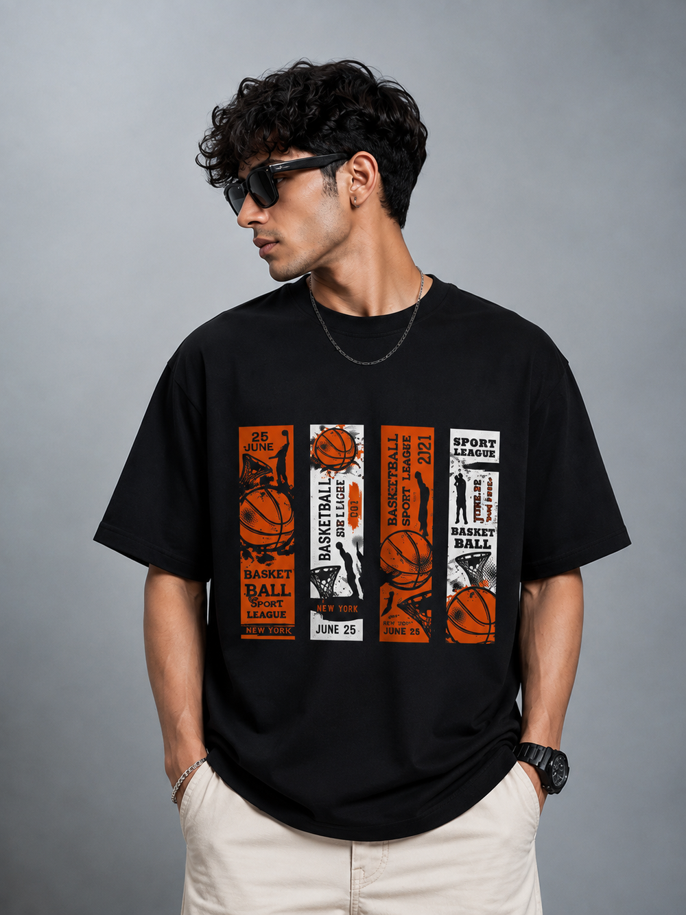 TEEVYBE Men’s Oversized Cotton T-Shirt | Basketball Sport League Graphic Print | Relaxed Fit Casual Half Sleeve T-Shirt