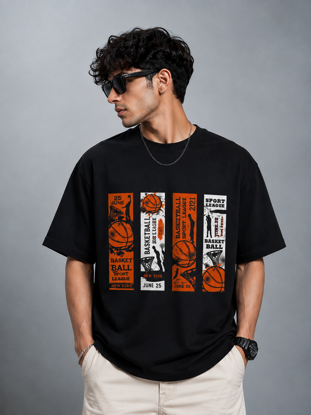 TEEVYBE Men’s Oversized Cotton T-Shirt | Basketball Sport League Graphic Print | Relaxed Fit Casual Half Sleeve T-Shirt