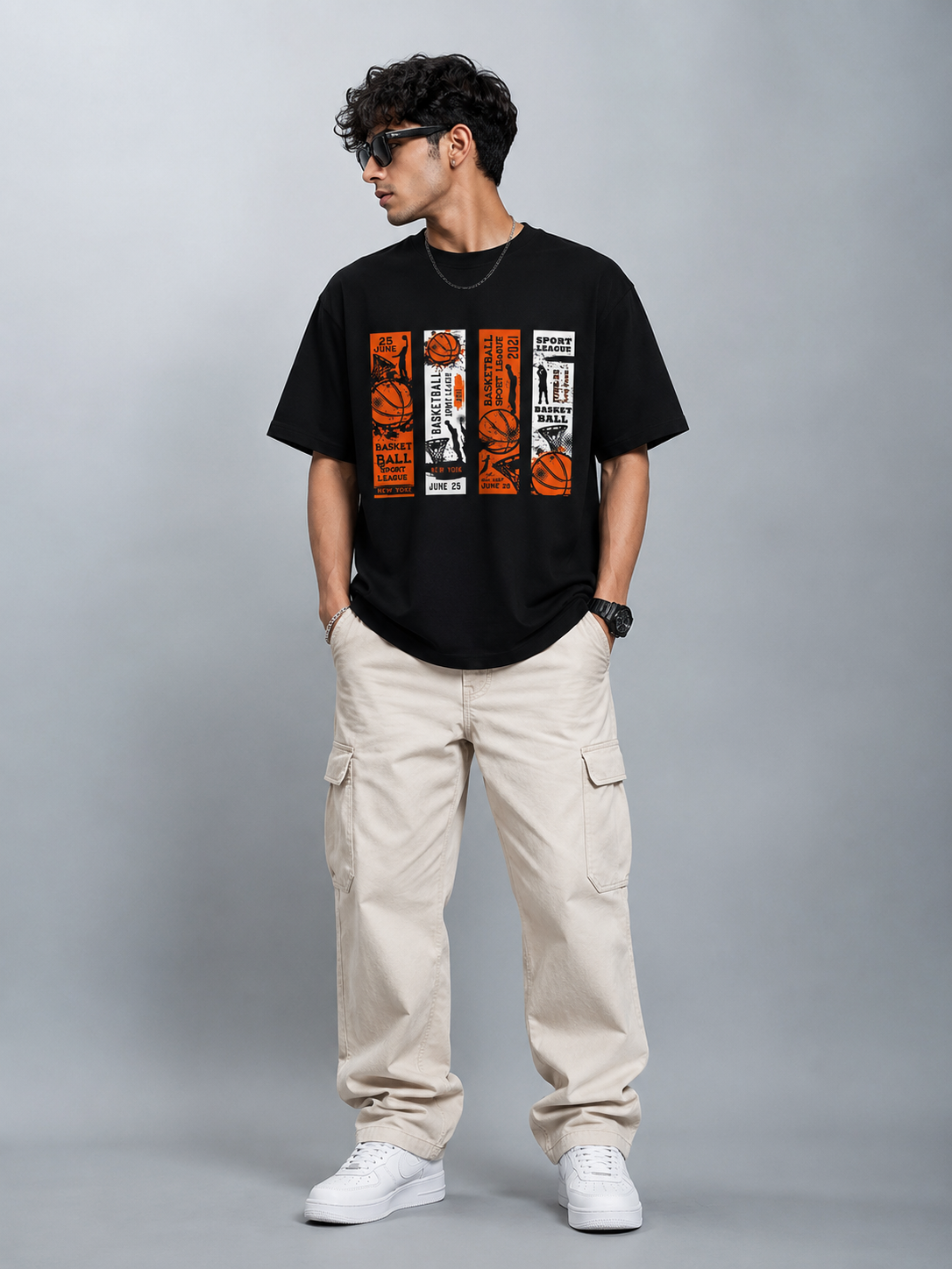 TEEVYBE Men’s Oversized Cotton T-Shirt | Basketball Sport League Graphic Print | Relaxed Fit Casual Half Sleeve T-Shirt