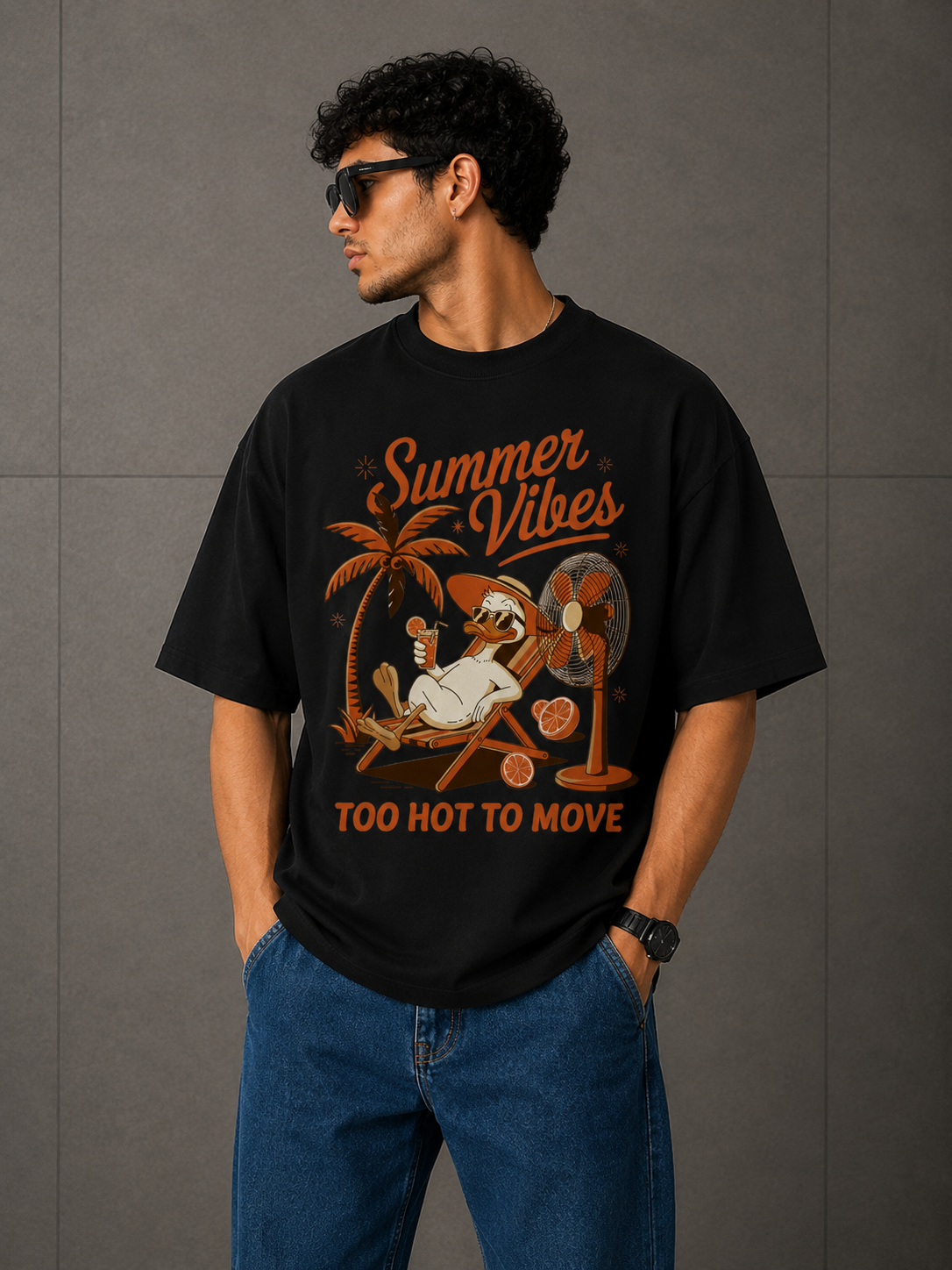 TeeVybe Men’s Black Oversized Graphic Printed Round Neck T-Shirt – Summer Vibes Design