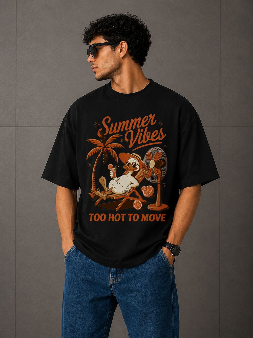 TeeVybe Men’s Black Oversized Graphic Printed Round Neck T-Shirt – Summer Vibes Design