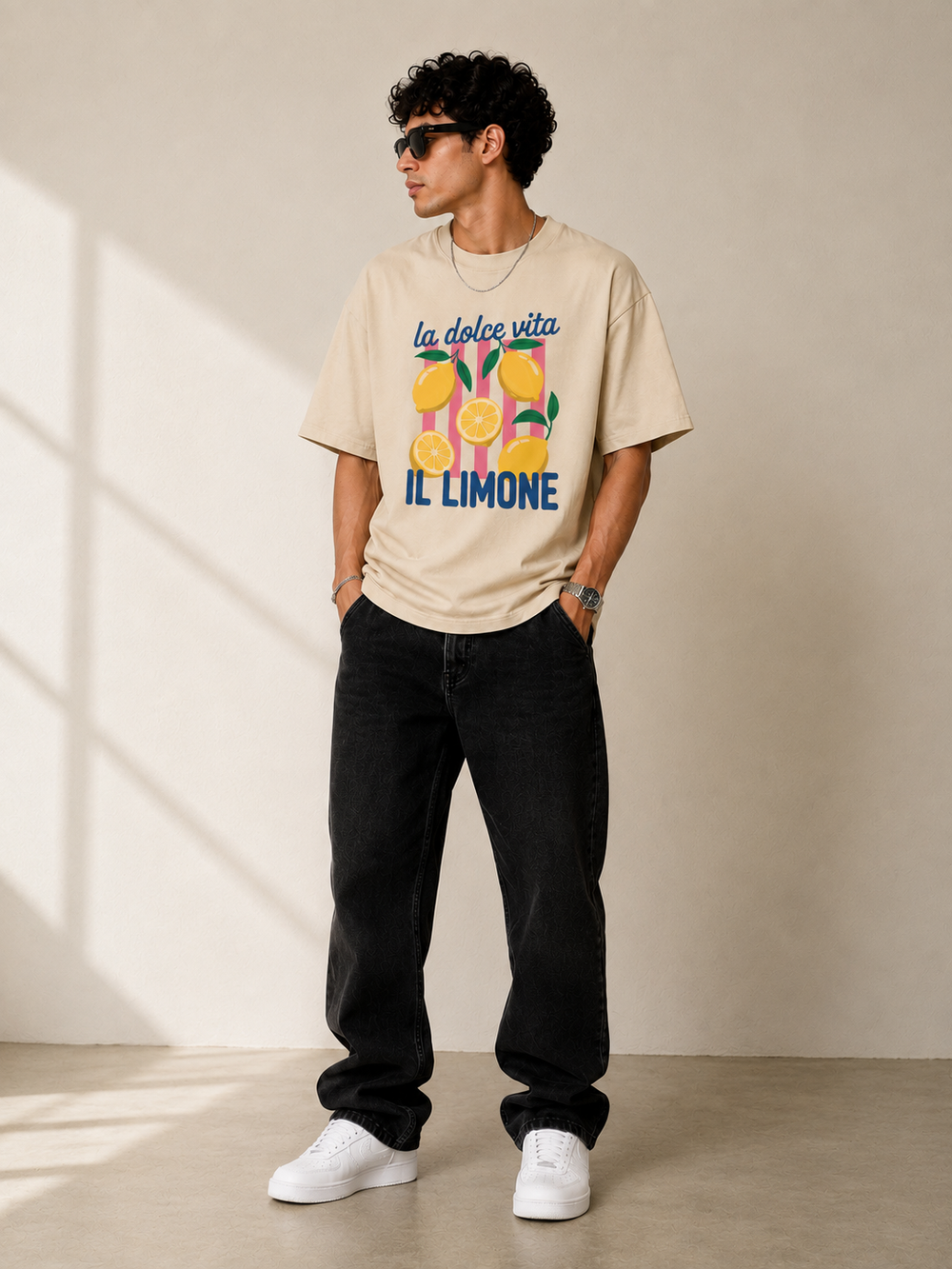 TEEVYBE Men’s Oversized Cotton T-Shirt | La Dolce Vita Lemon Graphic Print | Relaxed Fit Casual Half Sleeve T-Shirt
