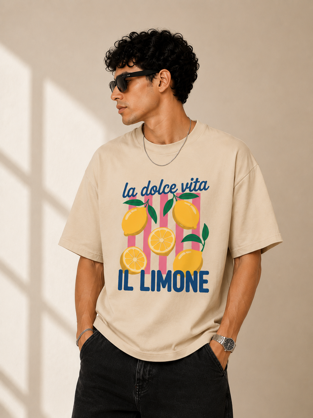 TEEVYBE Men’s Oversized Cotton T-Shirt | La Dolce Vita Lemon Graphic Print | Relaxed Fit Casual Half Sleeve T-Shirt