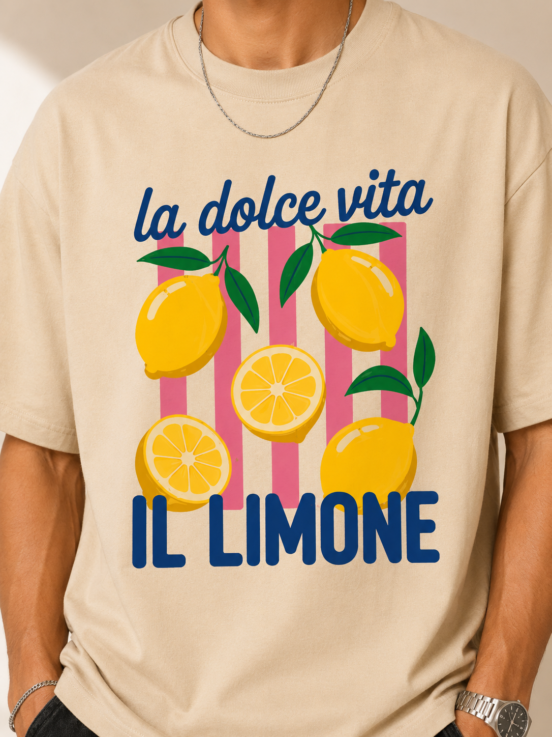 TEEVYBE Men’s Oversized Cotton T-Shirt | La Dolce Vita Lemon Graphic Print | Relaxed Fit Casual Half Sleeve T-Shirt