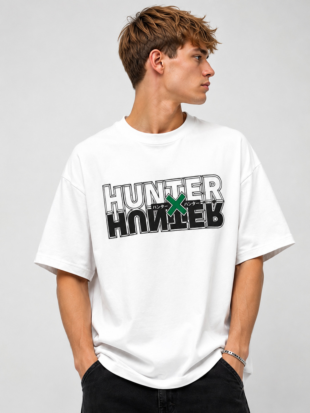 TEEVYBE Men’s Oversized Cotton T-Shirt | Anime Hunter Graphic Print | Relaxed Fit Casual Half Sleeve T-Shirt