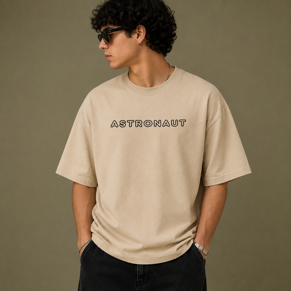 TEEVYBE Men’s Oversized Cotton T-Shirt | Space Astronaut Graphic Print | Relaxed Fit Casual Half Sleeve T-Shirt
