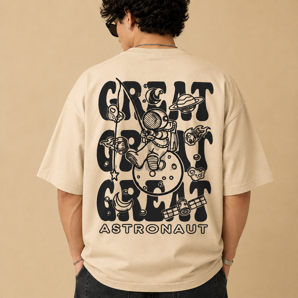 TEEVYBE Men’s Oversized Cotton T-Shirt | Space Astronaut Graphic Print | Relaxed Fit Casual Half Sleeve T-Shirt