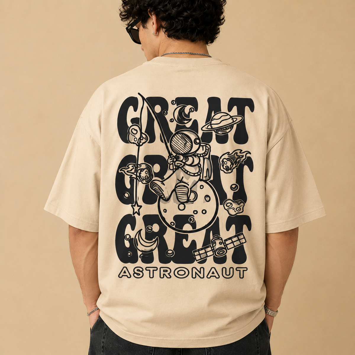 TEEVYBE Men’s Oversized Cotton T-Shirt | Space Astronaut Graphic Print | Relaxed Fit Casual Half Sleeve T-Shirt