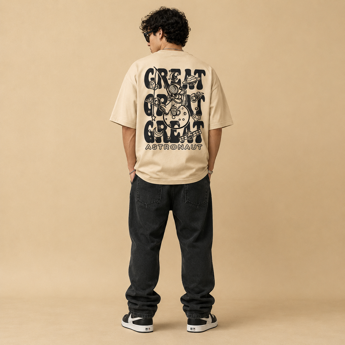 TEEVYBE Men’s Oversized Cotton T-Shirt | Space Astronaut Graphic Print | Relaxed Fit Casual Half Sleeve T-Shirt