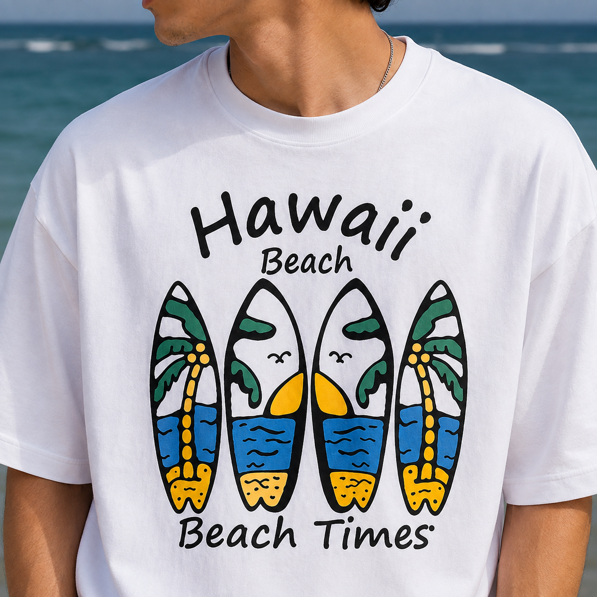 TEEVYBE Men’s Oversized Cotton T-Shirt | Hawaii Beach Surfboard Graphic Print | Relaxed Fit Casual Half Sleeve T-Shirt