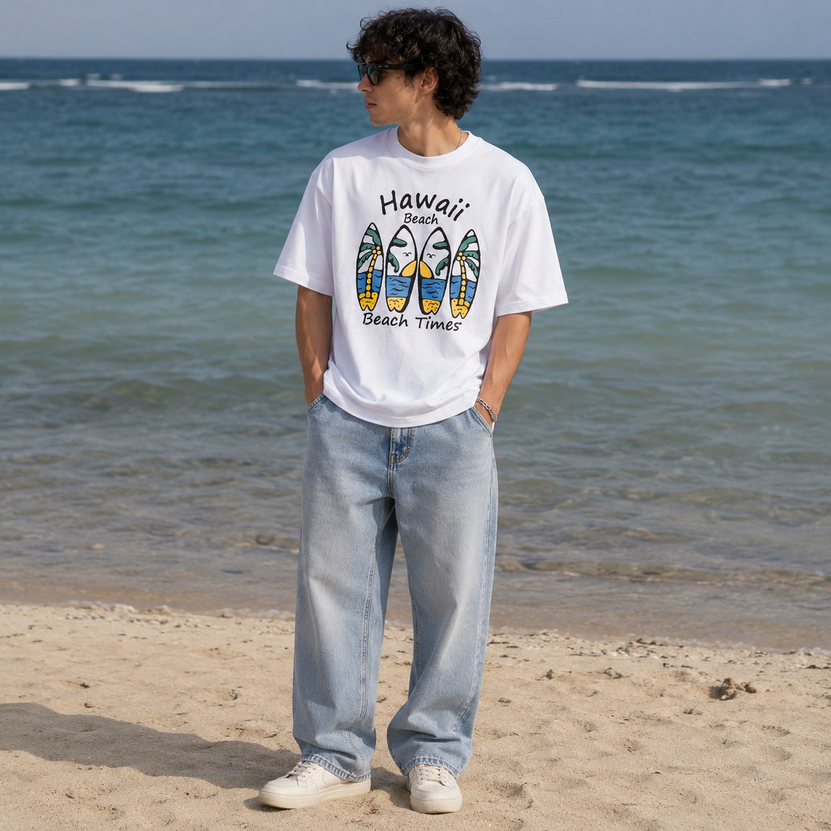 TEEVYBE Men’s Oversized Cotton T-Shirt | Hawaii Beach Surfboard Graphic Print | Relaxed Fit Casual Half Sleeve T-Shirt