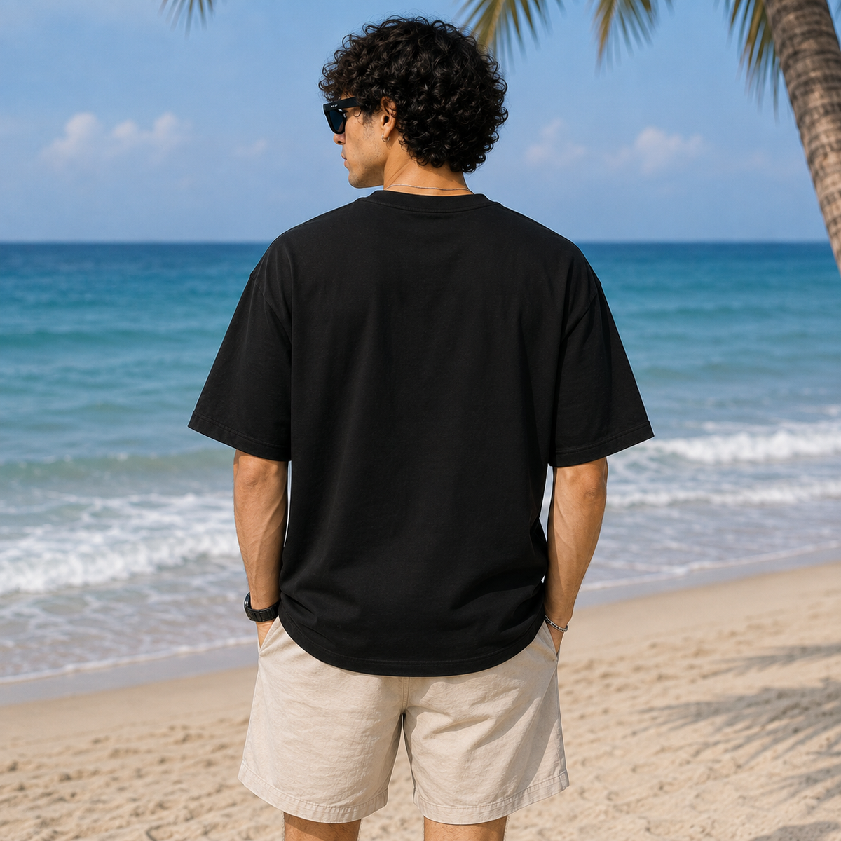TEEVYBE Men’s Oversized Cotton T-Shirt | Surf & Sand Graphic Print | Relaxed Fit Casual Half Sleeve T-Shirt