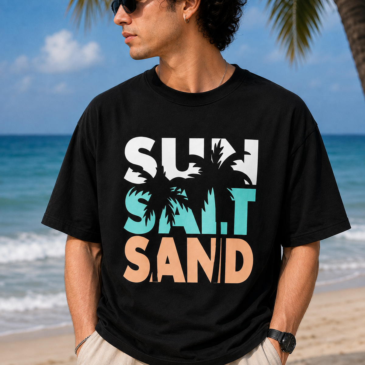 TEEVYBE Men’s Oversized Cotton T-Shirt | Surf & Sand Graphic Print | Relaxed Fit Casual Half Sleeve T-Shirt