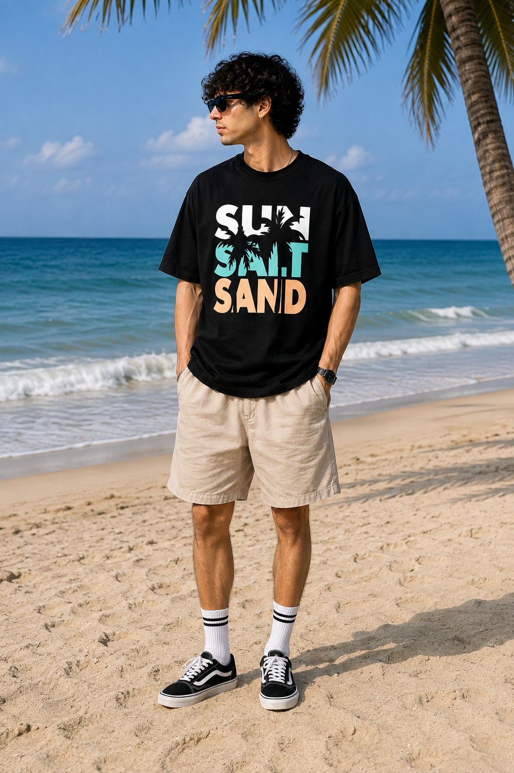 TEEVYBE Men’s Oversized Cotton T-Shirt | Surf & Sand Graphic Print | Relaxed Fit Casual Half Sleeve T-Shirt