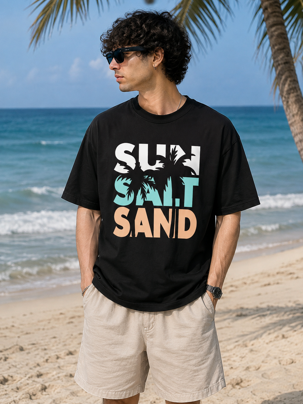 TEEVYBE Men’s Oversized Cotton T-Shirt | Surf & Sand Graphic Print | Relaxed Fit Casual Half Sleeve T-Shirt