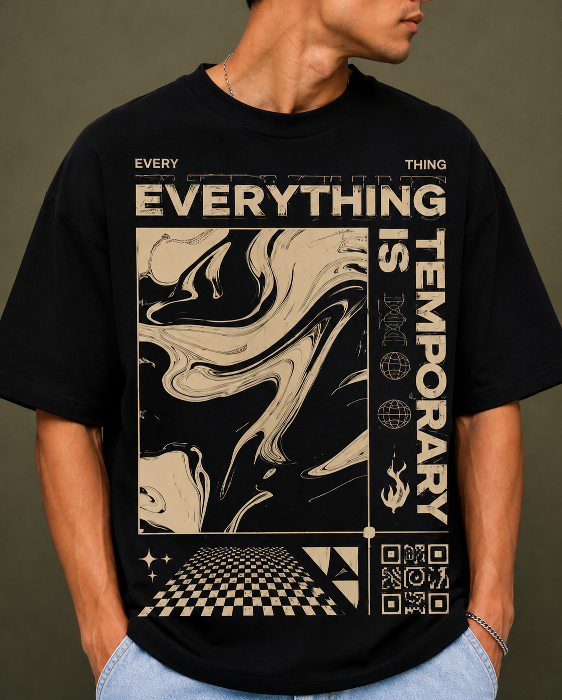 TEEVYBE Men’s Oversized Cotton T-Shirt | Abstract Graphic Print | Relaxed Fit Casual Half Sleeve T-Shirt
