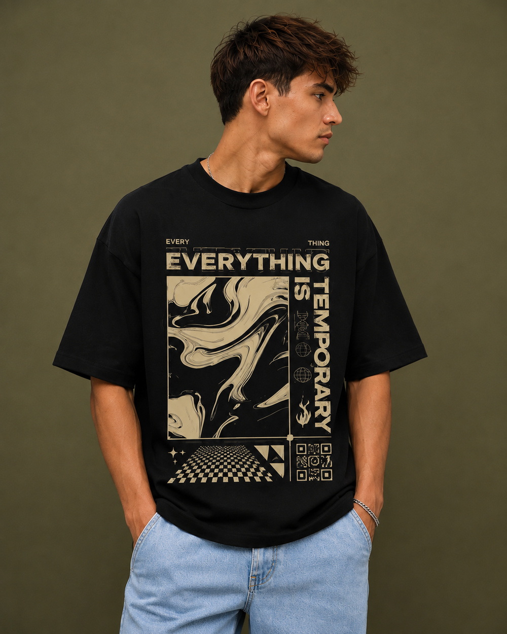 TEEVYBE Men’s Oversized Cotton T-Shirt | Abstract Graphic Print | Relaxed Fit Casual Half Sleeve T-Shirt