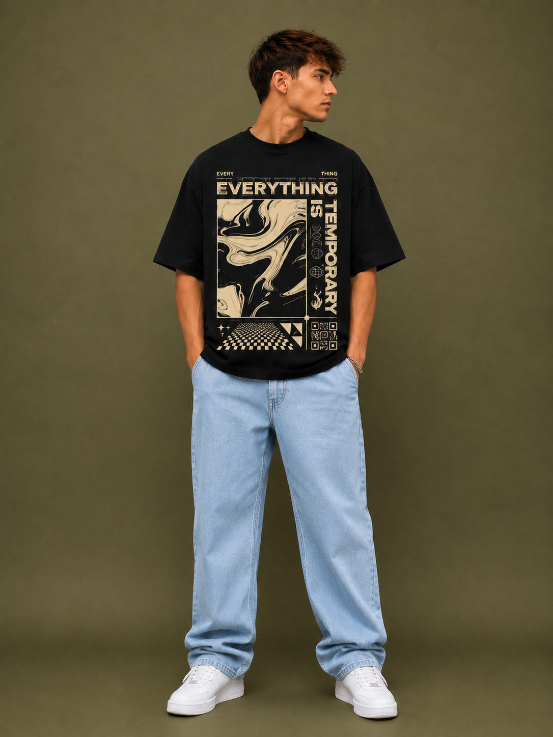 TEEVYBE Men’s Oversized Cotton T-Shirt | Abstract Graphic Print | Relaxed Fit Casual Half Sleeve T-Shirt