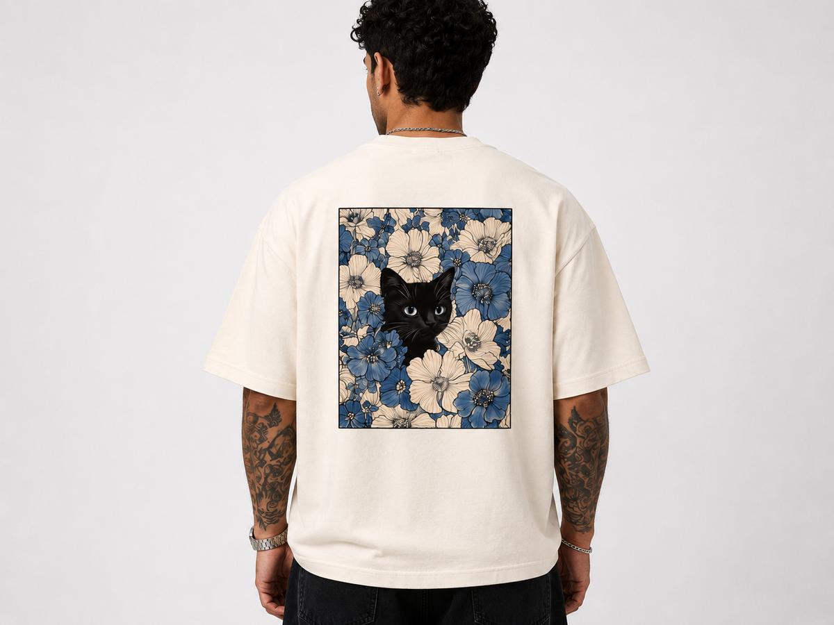 Midnight Cat Floral Oversized T-Shirt