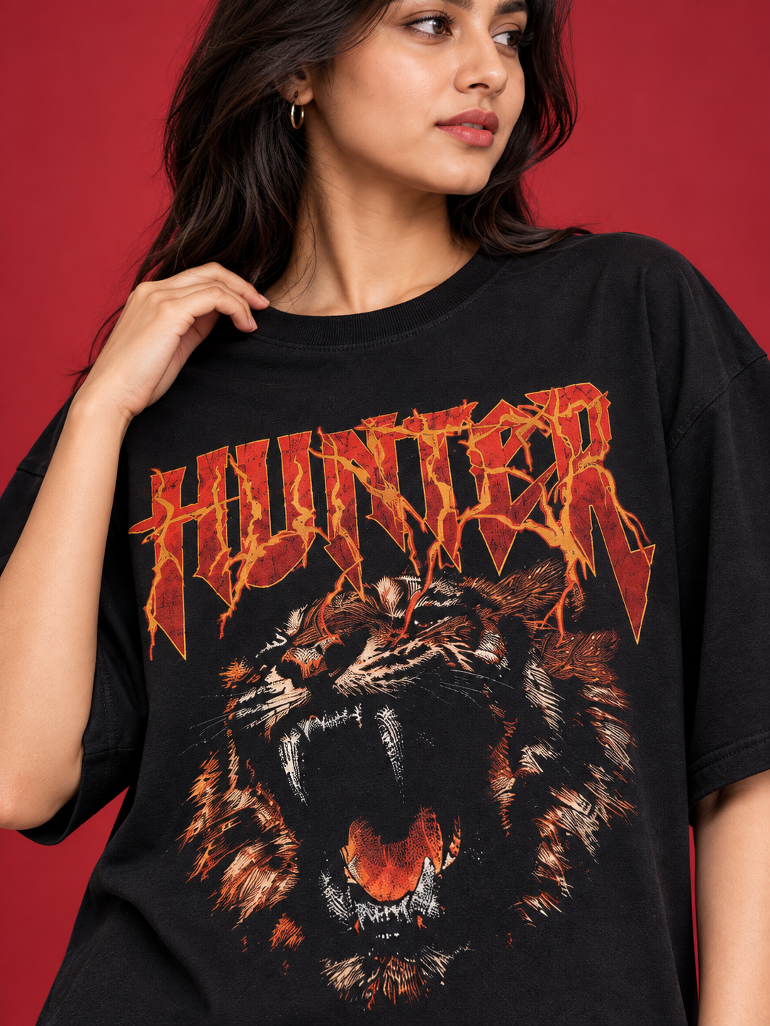Tevybe Men’s/Women’s Oversized Hunter Tiger Graphic Printed Black T-Shirt