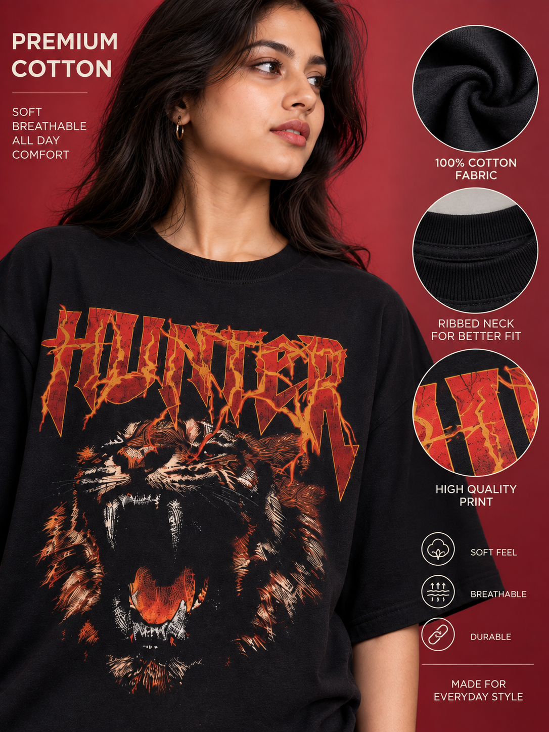 Tevybe Men’s/Women’s Oversized Hunter Tiger Graphic Printed Black T-Shirt