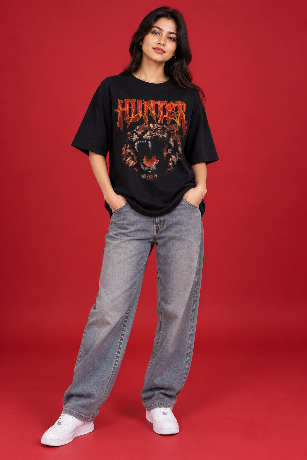 Tevybe Men’s/Women’s Oversized Hunter Tiger Graphic Printed Black T-Shirt