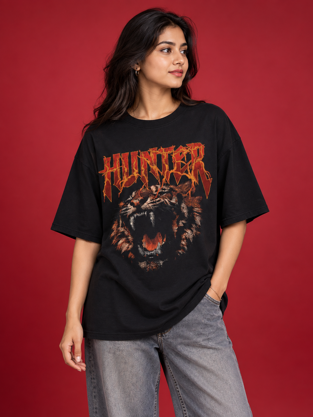 Tevybe Men’s/Women’s Oversized Hunter Tiger Graphic Printed Black T-Shirt