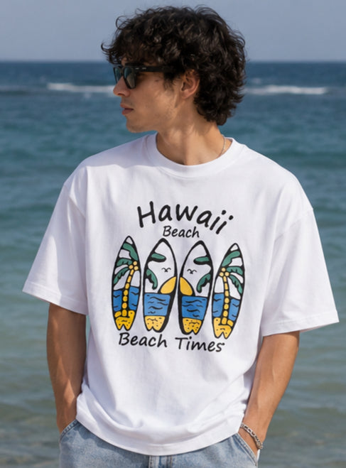 TEEVYBE Men’s Oversized Cotton T-Shirt | Hawaii Beach Surfboard Graphic Print | Relaxed Fit Casual Half Sleeve T-Shirt
