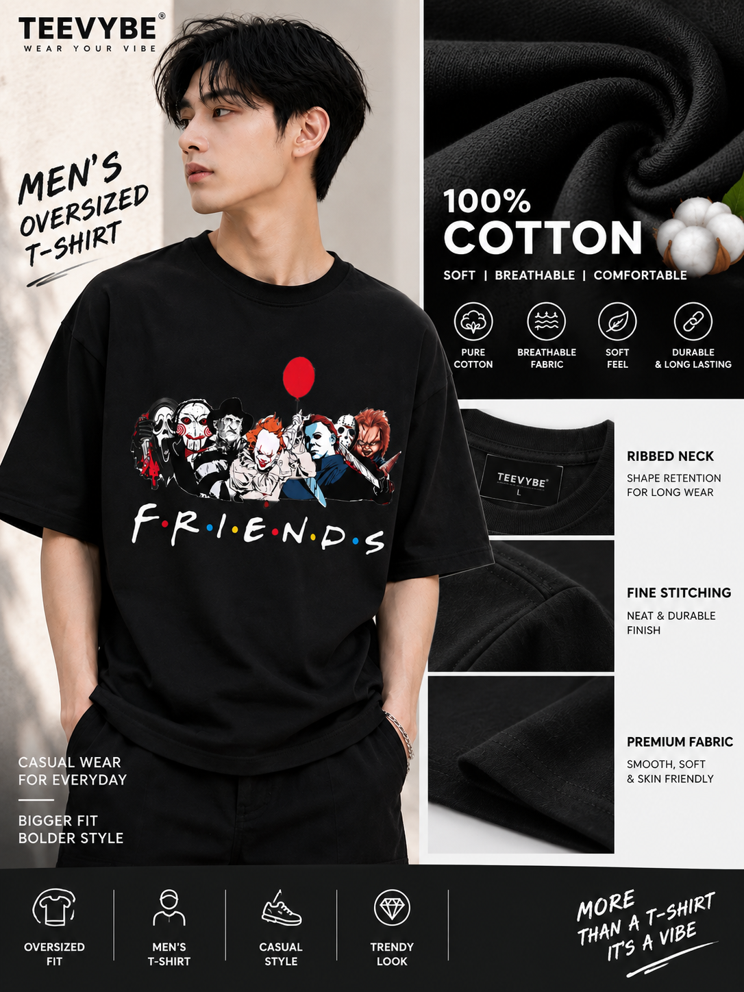 TEEVYBE Dark Friends Graphic Cotton Oversized Tee