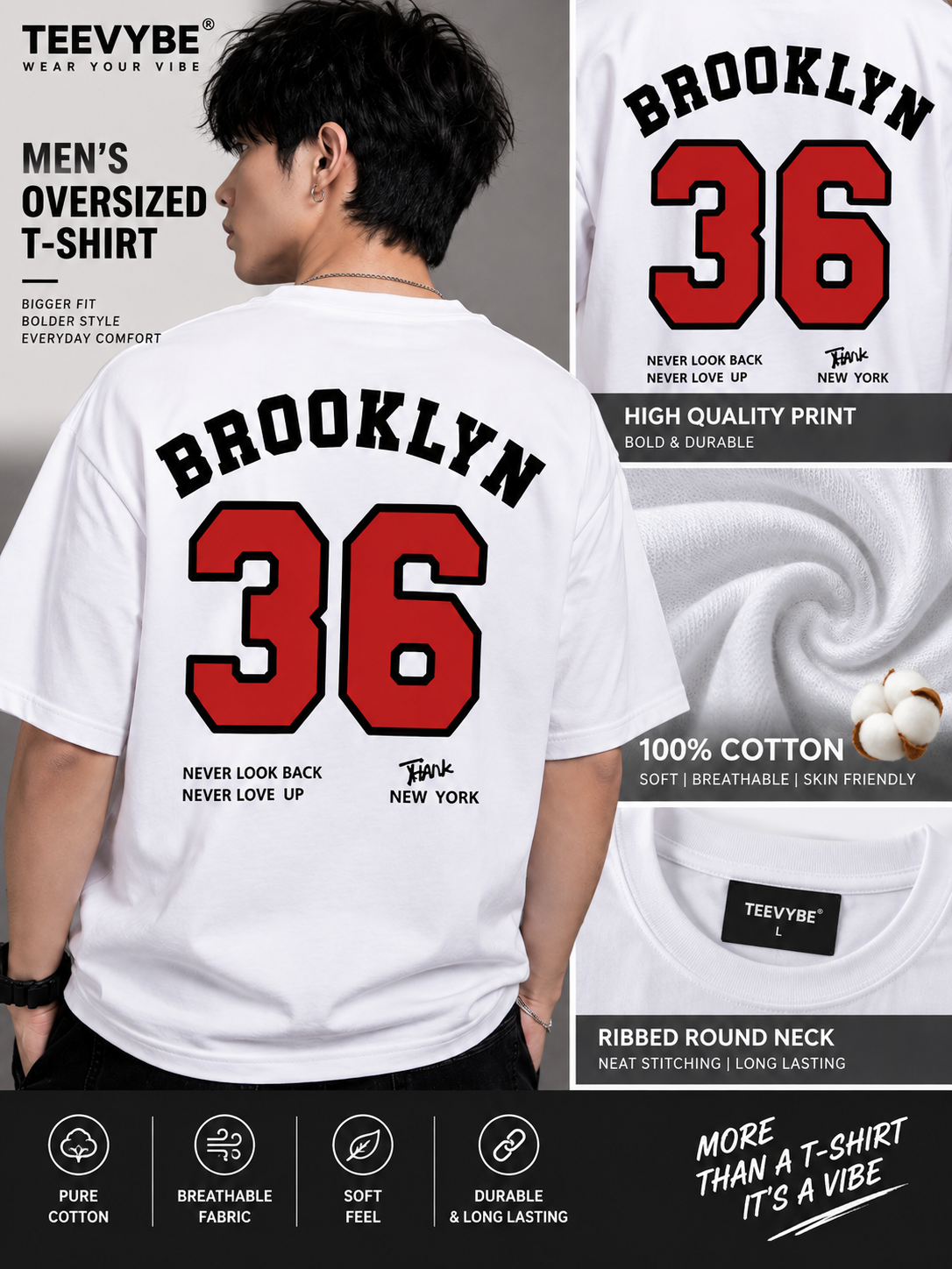TEEVYBE Men’s Oversized Cotton T-Shirt with Brooklyn 36 Graphic | Relaxed Fit Half Sleeve Casual T-Shirt