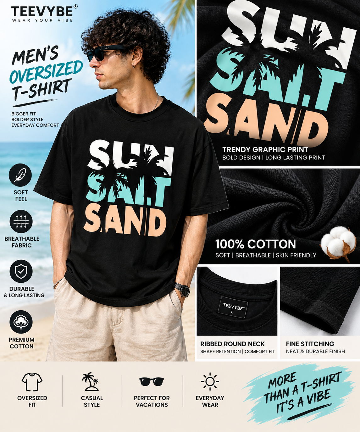 TEEVYBE Men’s Oversized Cotton T-Shirt | Surf & Sand Graphic Print | Relaxed Fit Casual Half Sleeve T-Shirt