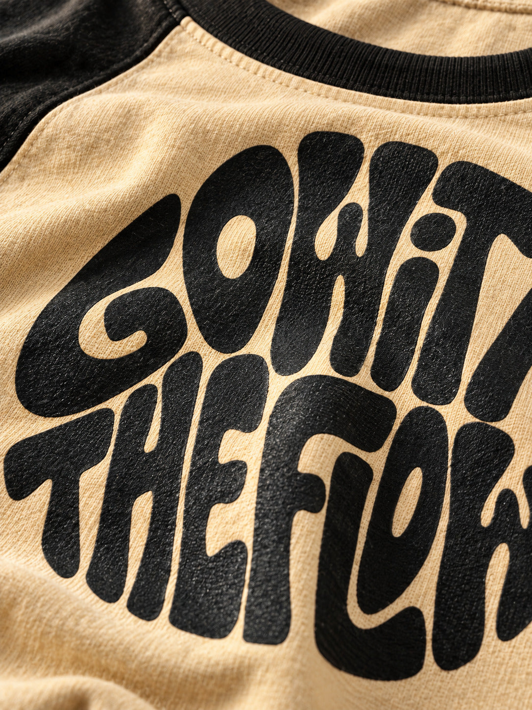 TeeVybe Men’s Beige & Black Raglan Full Sleeve Graphic Printed Round Neck T-Shirt – “Go With The Flow”