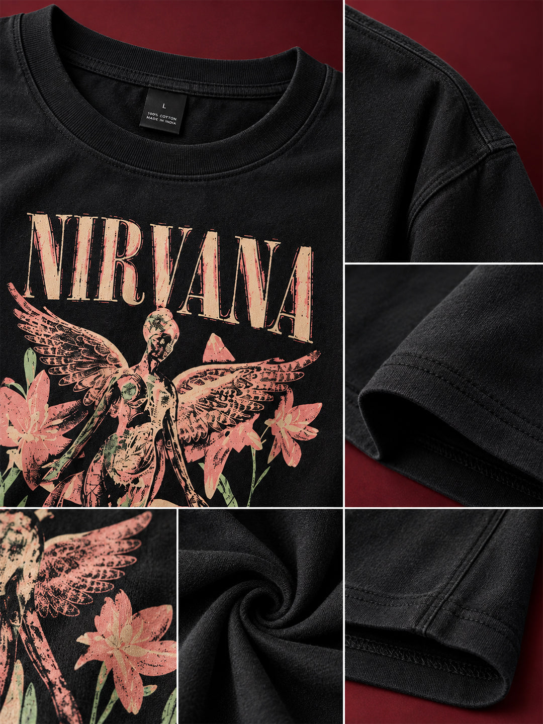 TeeVybe Men’s Black Graphic Printed Oversized Round Neck T-Shirt | Nirvana Angel Floral Graphic