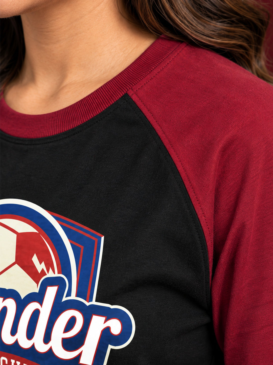 TeeVybe Women’s Thunder League Graphic Printed Raglan 3/4 Sleeve T-Shirt | Black & Red