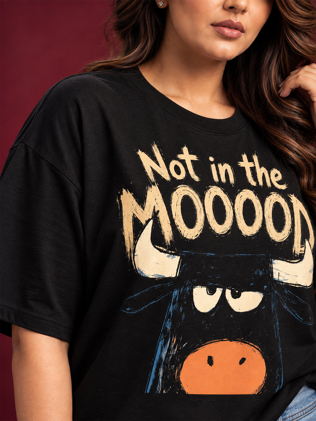 TeeVybe Women’s Black Graphic Printed Oversized Round Neck T-Shirt | Not in the MOOOOD Cow Print