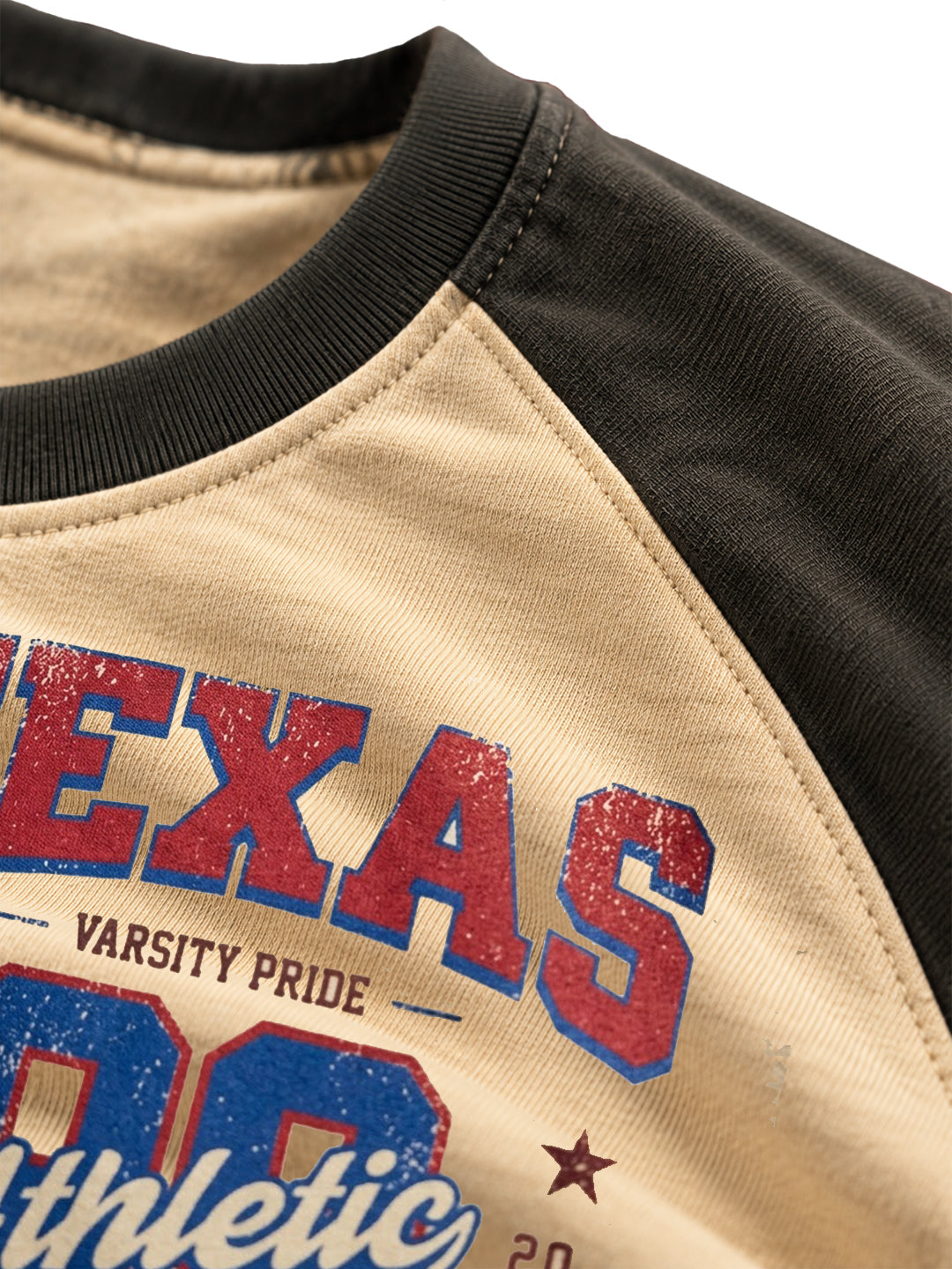 TeeVybe Men’s Texas Athletic Graphic Printed Beige & Black Raglan 3/4 Sleeve T-Shirt