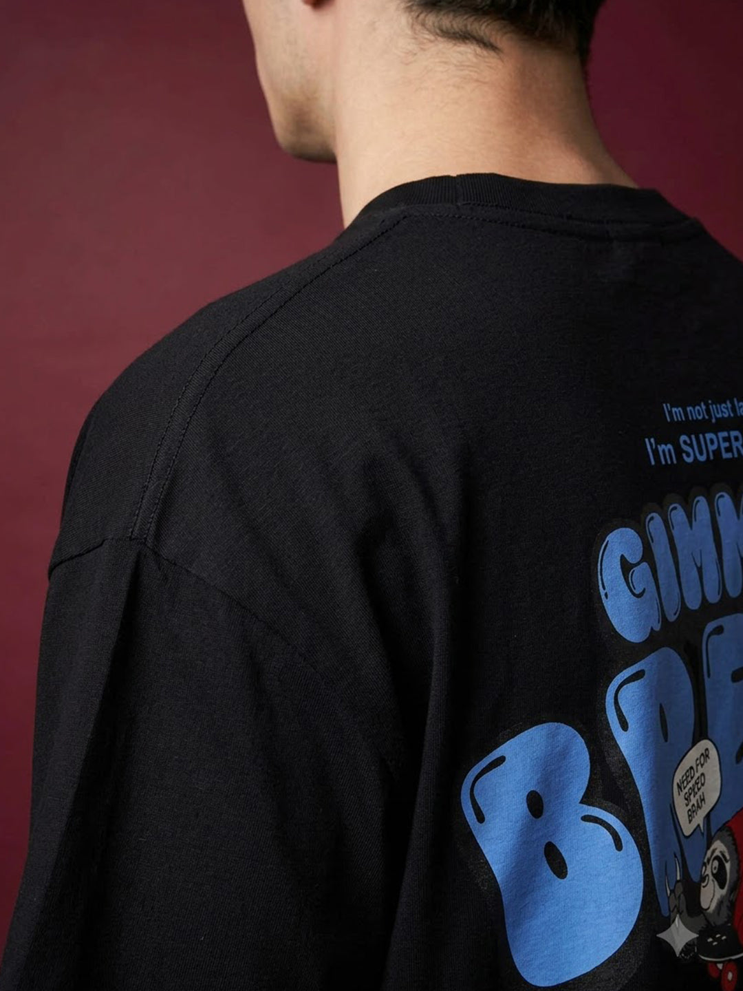 TeeVybe Men’s Black Graphic Printed Oversized Round Neck T-Shirt | Super Lazy Sloth Back Print