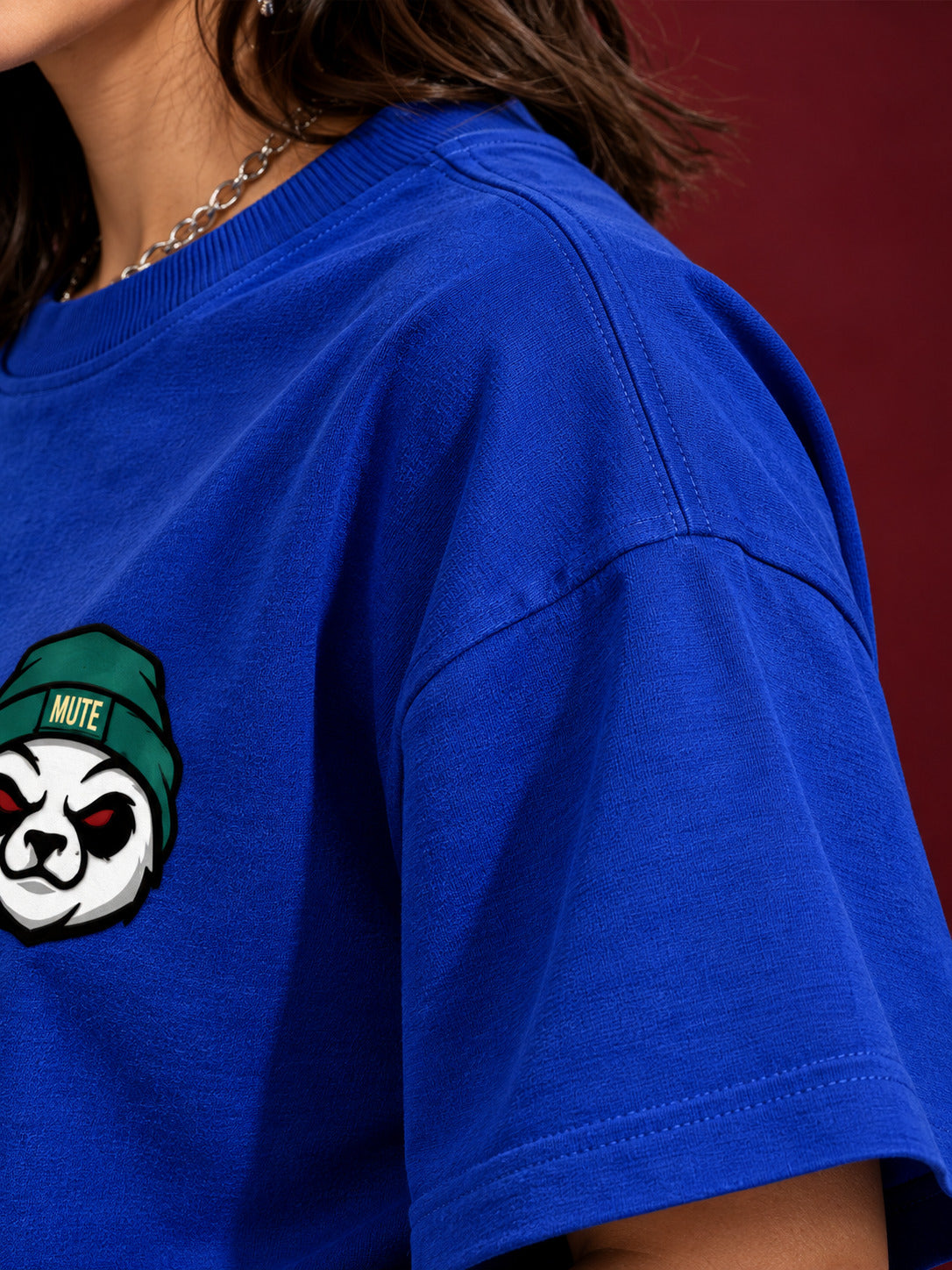 TeeVybe Women’s Royal Blue Oversized Round Neck T-Shirt with Printed Panda Chest Graphic
