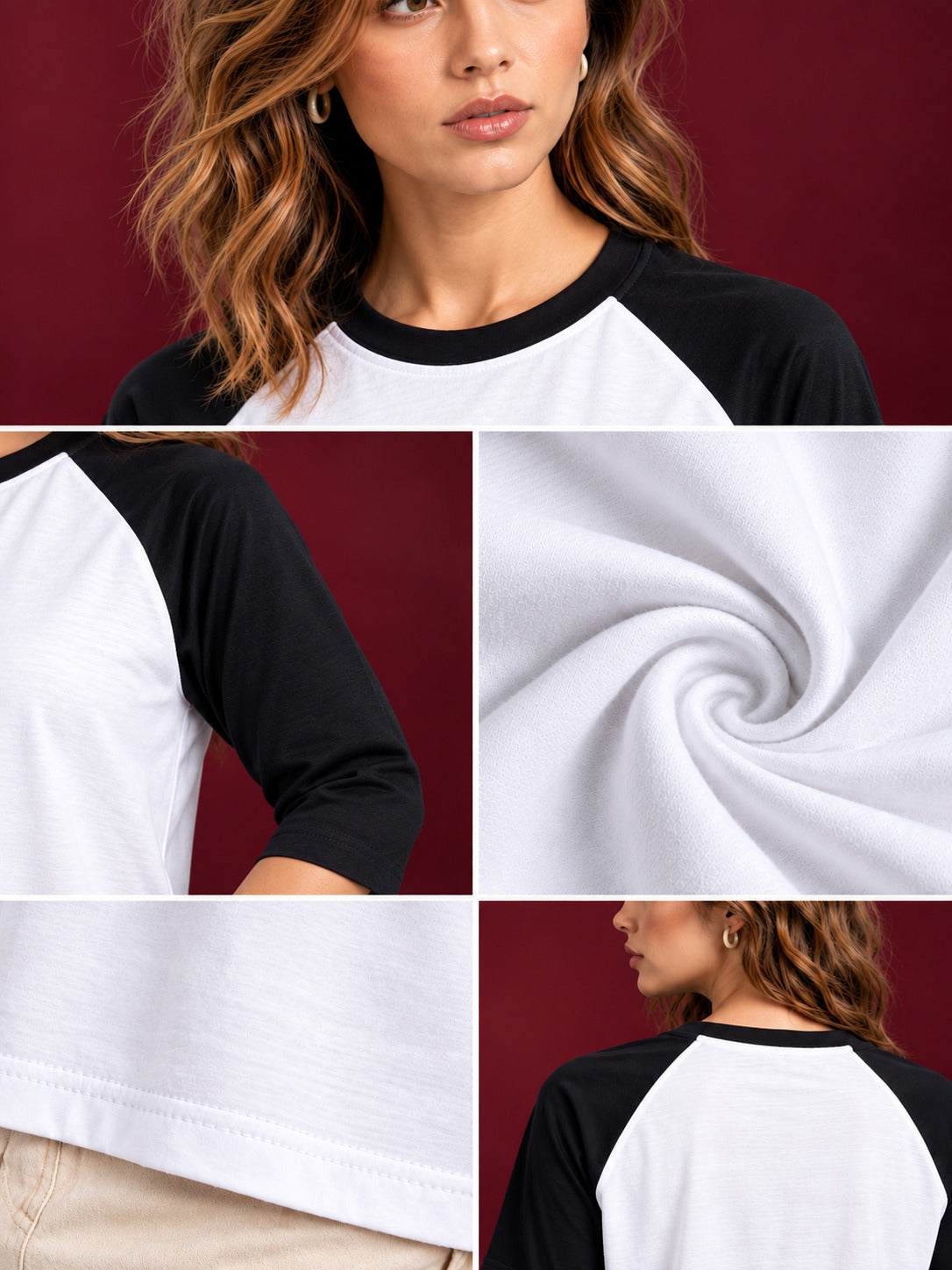 TeeVybe Women's 3/4 Sleeve Raglan T-Shirt | White & Black Contrast Round Neck Casual Top