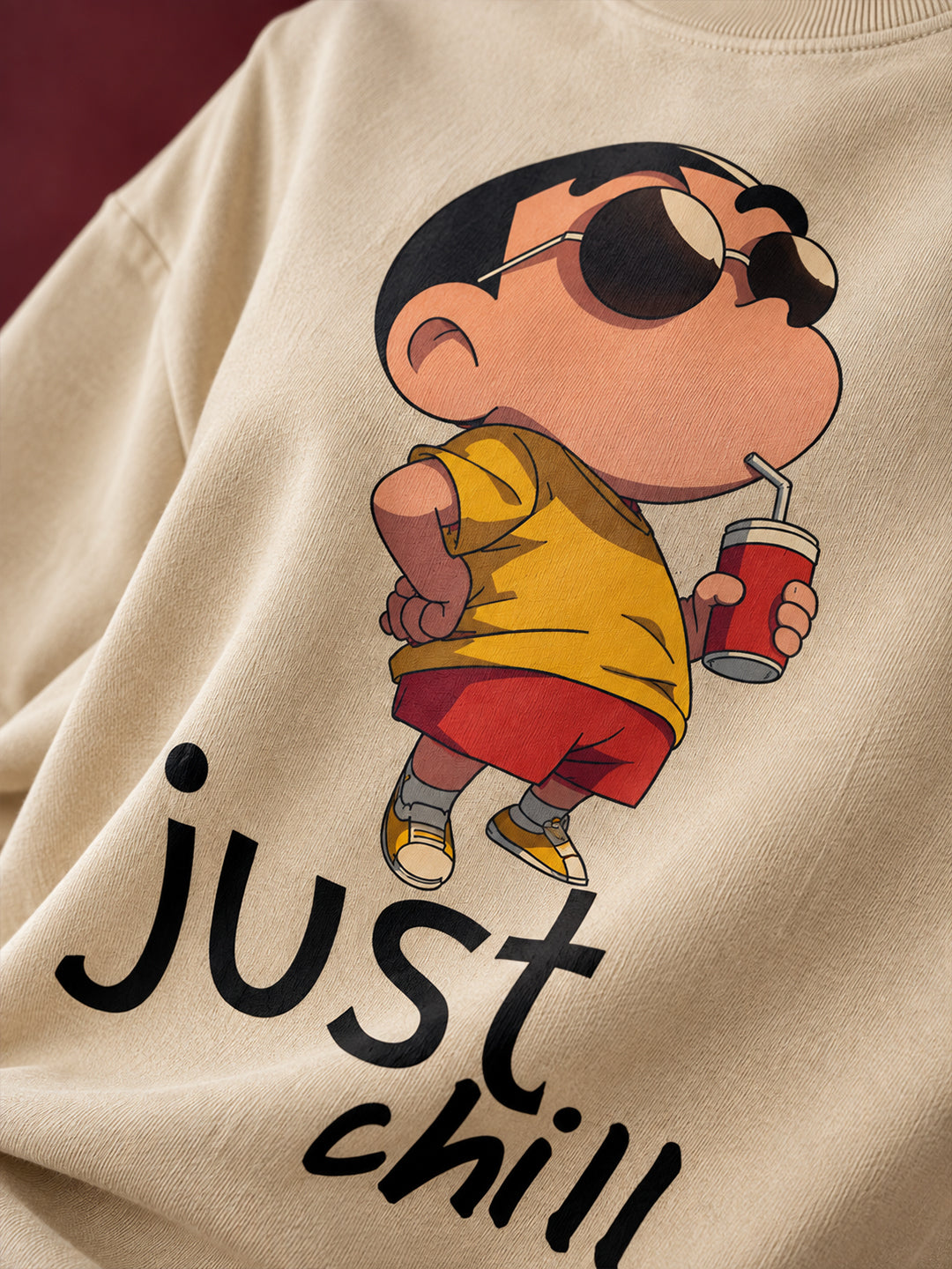 TeeVybe Women’s Beige Printed Oversized T-Shirt | Just Chill Cartoon Graphic Casual Tee