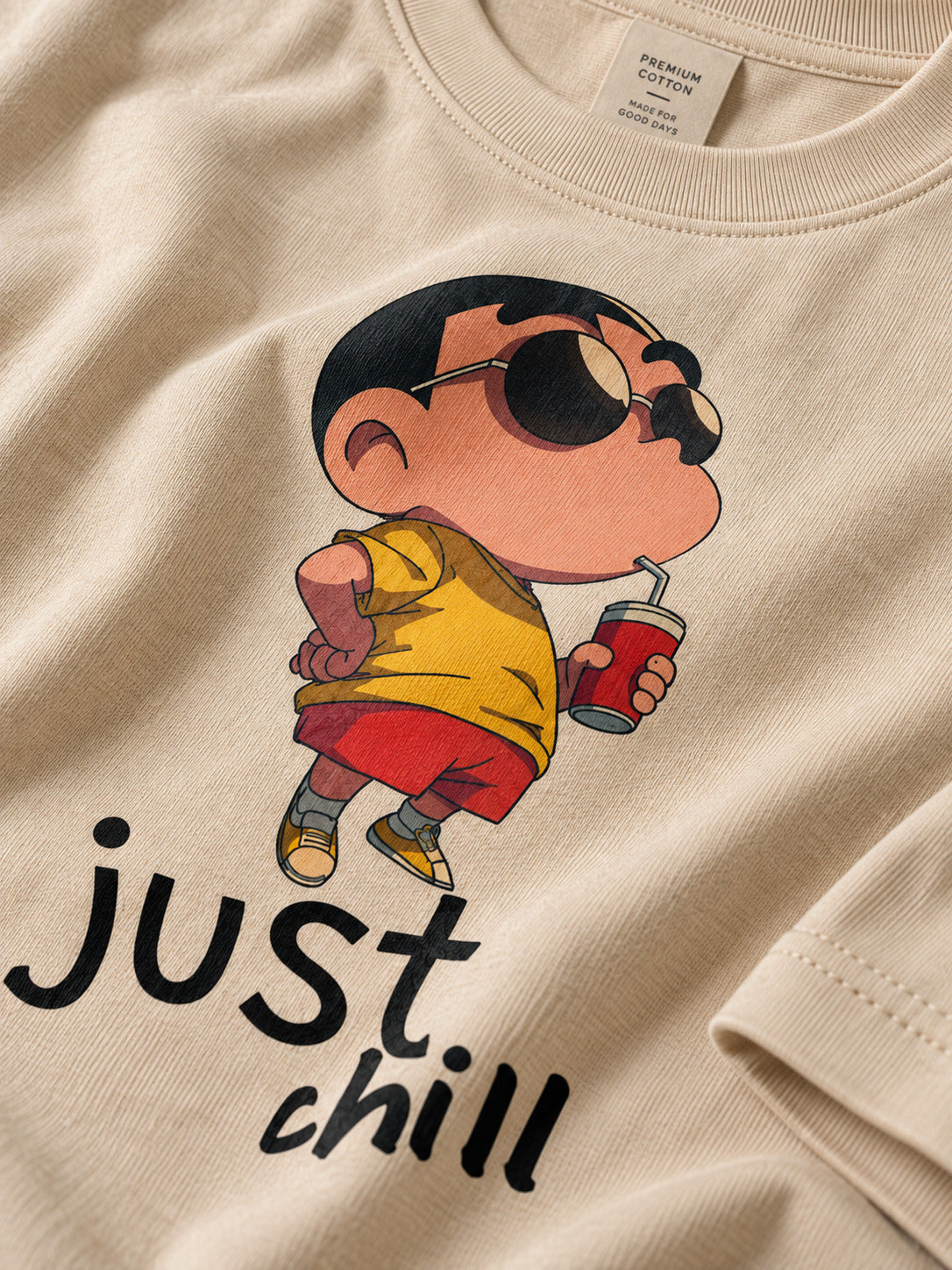 TeeVybe Men’s Beige Graphic Printed Oversized T-Shirt | Just Chill Cartoon Print Casual Streetwear Tee