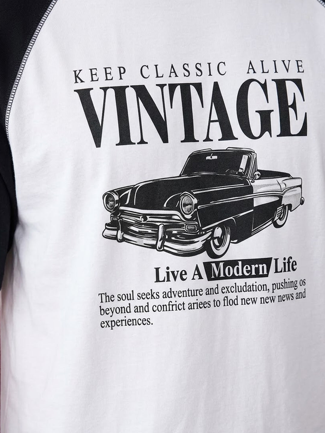 TeeVybe Men’s Vintage Car Graphic Printed Raglan 3/4 Sleeve T-Shirt | White & Black