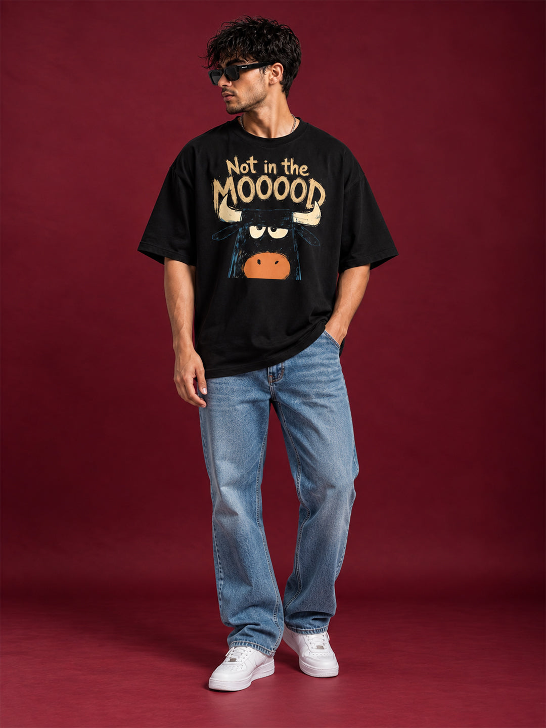TeeVybe Men’s Black Graphic Printed Oversized Round Neck T-Shirt